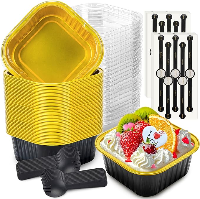 60 Pack Mini Cake Pans with Lids Mini Aluminum Pans, Disposable Loaf Pans Cupcake Liners with Lids for Pudding, Souffle, Party, Wedding(Black Gold, 10 oz)