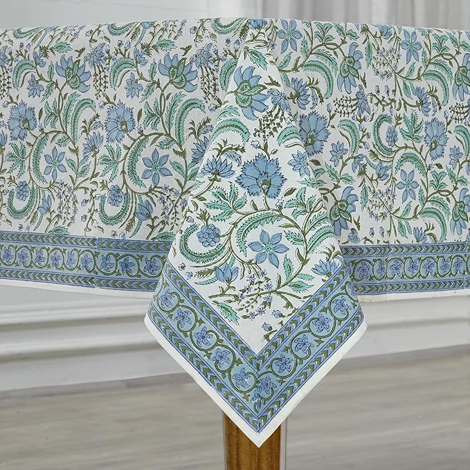 Ridhi Columbia Blue Hand Block Print Cotton Rectangle Tablecloth 140 x 72 inches Reusable Table Cover Decorative Everyday Use for Dining Room, Farmhouse, Home, Party, Festive & Wedding, Fall