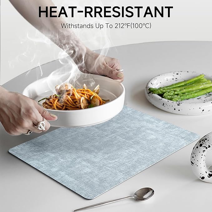 Faux Leather Vinyl Placemats Set of 6 Wipeable Heat Resistant Place Mats 100% Washable - Waterproof - Anti Slip Reversible Table Mats for Kitchen/Dining/Party/Outdoor, 12" x 16.5", Light Blue & Black