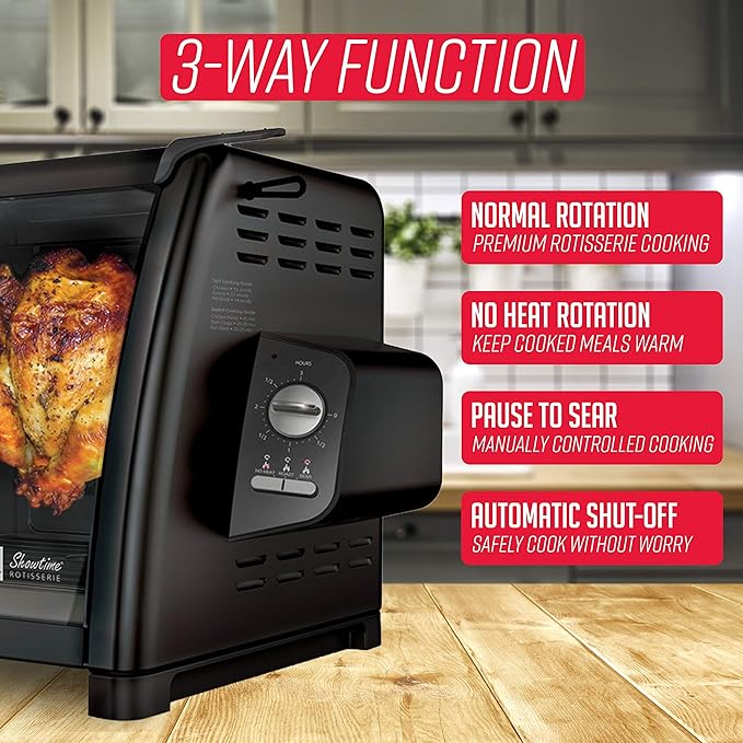 Ronco Showtime Large Capacity Rotisserie & BBQ Oven Modern Edition, Simple Switch Controls, Silicone Door Tie, Auto Shutoff, Includes Multipurpose Basket