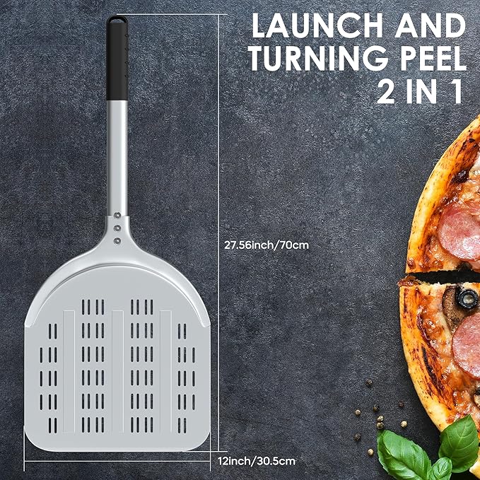 Pizza Peel – 12'' Aluminum Perforated Launch Placement Retrieving Peel – Metal Hanging Hook – Lightweight Turning Peel – Non-stick Pizza Paddle – Outdoor Pizza Oven Accessories