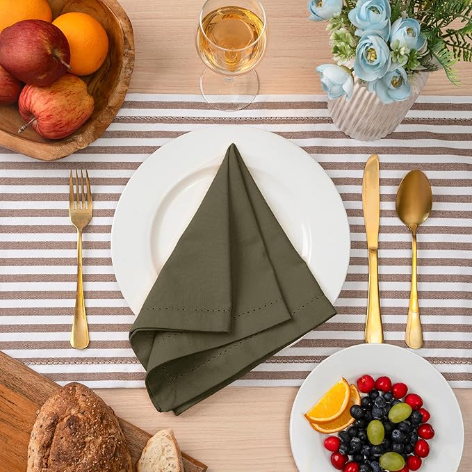 Blue Needles Set of 6 Hemstitch Linen Napkins 100% Cotton Olive Green Cloth Dinner Napkins 18x18 inches, Soft, Reusable, Absorbent, Washable, Ideal for Fall Thanksgiving Events, Parties & Everyday Use