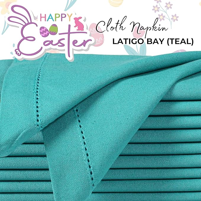 Bedding Craft Cotton Cloth Dinner Napkins Set of 12 – 18x18 Latigo Bay Teal with Hemstitched Mitered Corners – Machine Washable Reusable Napkins for Weddings, Parties & Daily Use