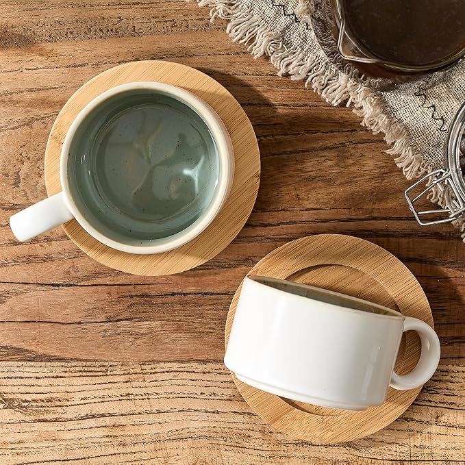 LUKA 6 Ounce Porcelain Stackable Espresso Cups with Saucers and Metal Stand Set of 4, Ceramic Cappuccino Cups Set for Specialty Coffee Drinks, Latte, Cafe Mocha and Tea, White Green Interior