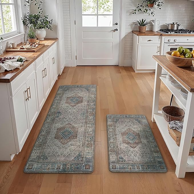 GENIMO Kitchen Mats for Floor 2PCs, Washable Anti Fatigue Mat for Cushioned, 17.3"x59"+17.3"x30", Waterproof Kitchen Rugs, Non Slip Comfort Standing Mat Rug for Home, Sink, Laundry, Brown
