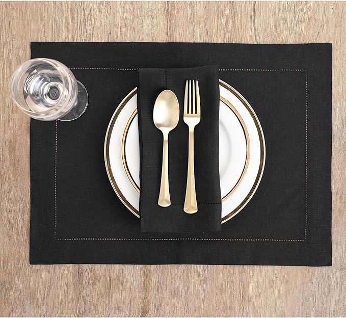 Solino Home Linen Placemats Set of 4 - Classic Hemstitch Black Placemats 14 x 19 Inch - 100% Pure Linen Table Mats for Fall, Autumn, Winter, Thanksgiving, Holiday, Christmas