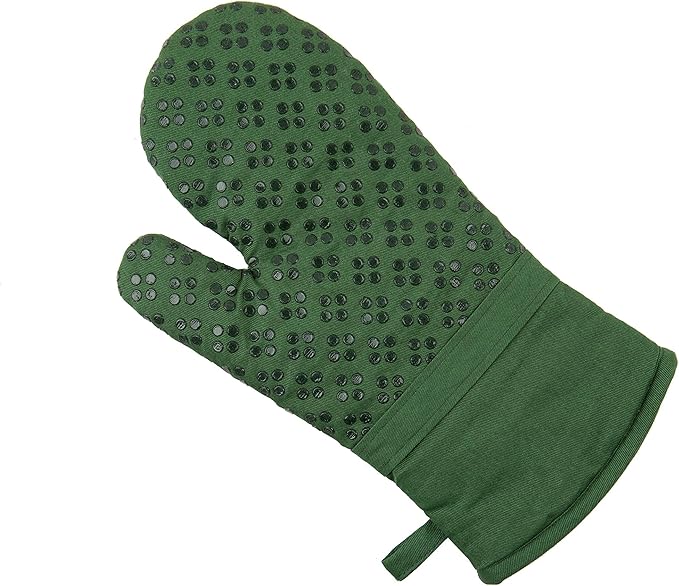Sticky Toffee Oven Mitt and Pot Holder Set of 3 – Dark Green Non-Slip Silicone Kitchen Hot Pads and Mitts, 100% Cotton Shell, Oeko-Tex Cotton