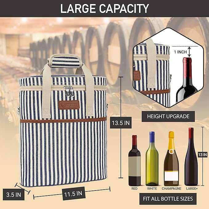 OPUX 3 Bottle Wine Carrier Tote, Insulated Leakproof Wine Cooler Bag, Wine Travel Bag Tote for Picnic BYOB Beach, Portable Wine Bottle Carrying Case, Gift for Wine Lover Women Men Christmas, Stripe