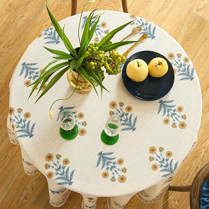 French Tablecloth for Round Tables,Linen Table Cloth with Yellow Flowers and Leavs Pattern,Heavy Durable Table Cover for Dining Thanksgiving Kitchen Decor Party Christmas,Diameter 55"