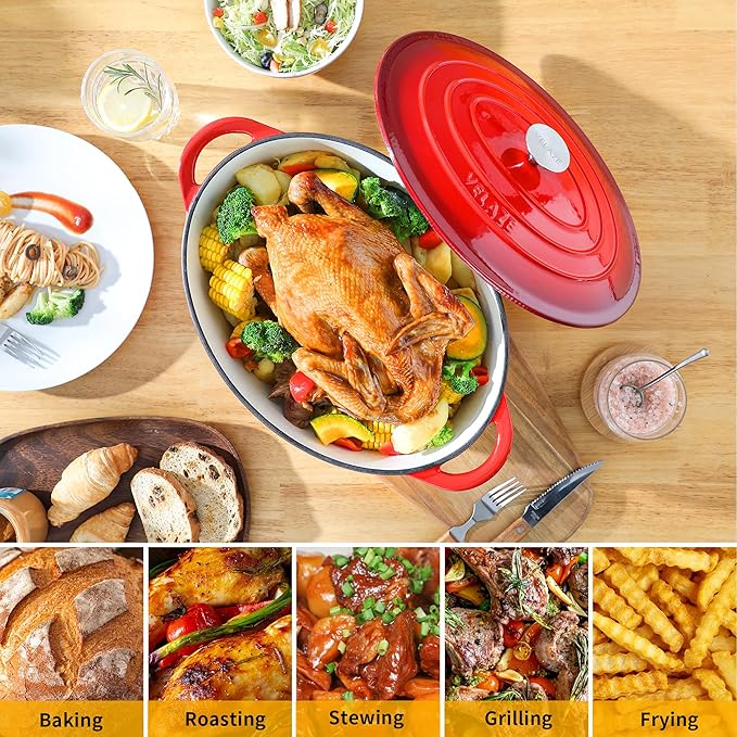 Velaze 7.5 QT Enameled Oval Dutch Oven Pot with Lid, Cast Iron Dutch Oven with Dual Handles for Bread Baking, Cooking, Frying, Non-stick Enamel Coated Cookware (RED)