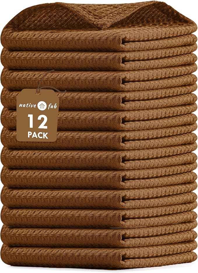 Native Fab Waffle 12 Pack Dish Cloths - 100% Cotton, Absorbent, Quick Drying, Washable Towels for Cleaning, Cooking & Baking - Ideal for Home, Restaurants, Bars, BBQs - 12 x 12 inches - Brown