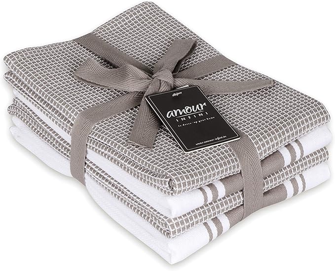 AMOUR INFINI Cotton Kitchen Towels - Set of 4 Highly Absorbent, Ultra Soft Waffle Weave Tea Towel with Hanging Loop - 20x28 Inch Quick Drying Dish Cloths for Cleaning (Beige)