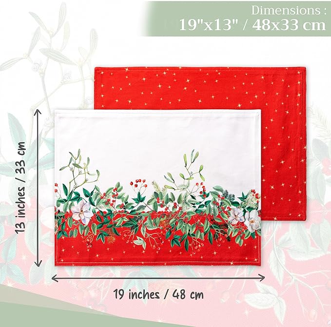 Maison d' Hermine Placemats Set of 4 100% Cotton Washable Cloth Place Mats, Reusable Table Mats for Thanksgiving Christmas Decorations Kitchen Dining Party Wedding Restaurant (Noel, 13" x 19")