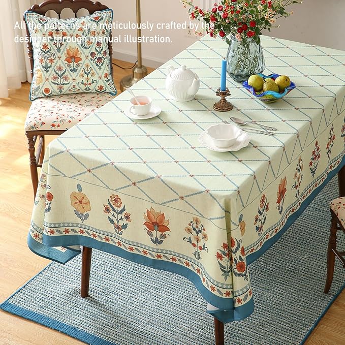 French Tablecloth for Rectangle Tables,Linen Table Cloth with Colorful Flowers and Leaves Pattern,Heavy Durable Soft Table Cover for Dining Kitchen Party Christmas,63"*110"
