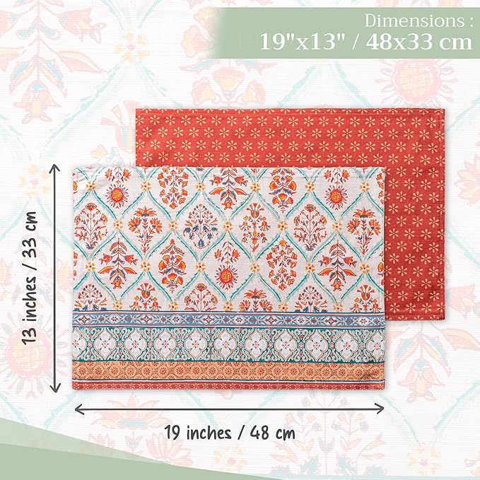 Maison d' Hermine Placemats Set of 4 100% Cotton Washable Cloth Place Mats, Reusable Table Mats for Thanksgiving Christmas Decorations Kitchen Dining Party Wedding Restaurant (Romane, 13" x 19")