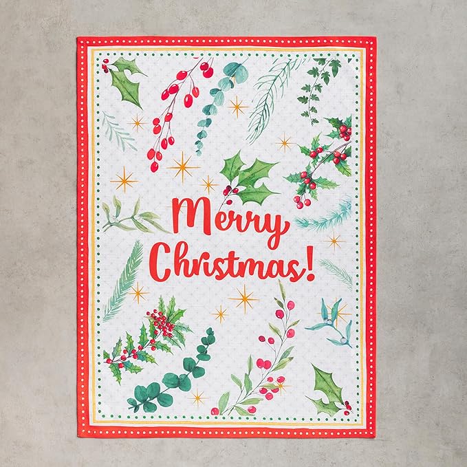 Maison d' Hermine Kitchen Towels Set of 3 100% Cotton 20" x 27.5" Reusable Cloth Tea Dish Towels Absorbent with Hanging Loop for Kitchen Thanksgiving Christmas Decorations (Poinsettia Christmas)