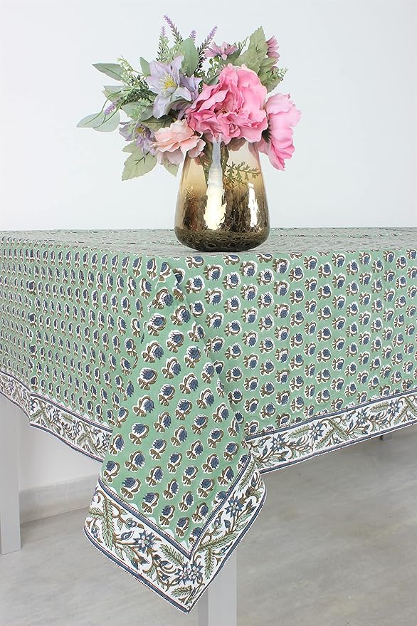 Ridhi Basil Green 72 x 190 Inches Rectangular Cotton Washable Tablecloth, Hand Block Print Floral, for Kitchen, Dining, Spring, Easter, Wedding, Birthday, Bridal