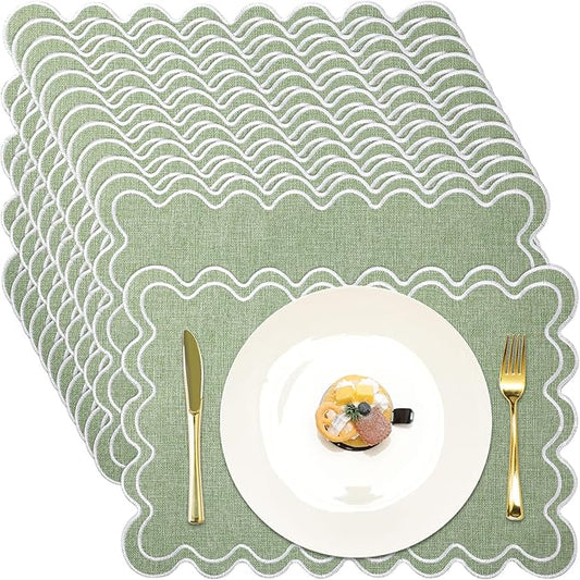 12 Set Linen Placemat 13x19 Wavy Embroidery Scalloped Placemat Double Layered Washable Farmhouse Dinner Table Mat Fabric Napkin for Christmas Hotel Restaurant Wedding Party(Sage Green)