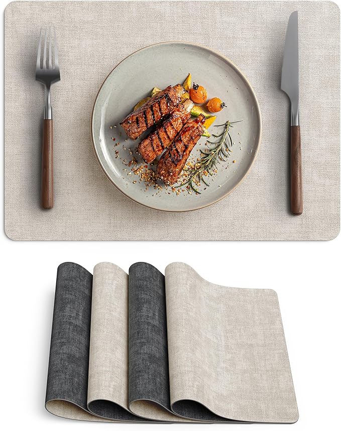 Faux Leather Vinyl Placemats Set of 4 Wipeable Heat Resistant Place Mats 100% Washable - Waterproof - Anti Slip Reversible Table Mats for Kitchen/Dining/Party/Outdoor, 12" x 16.5", Beige & Black