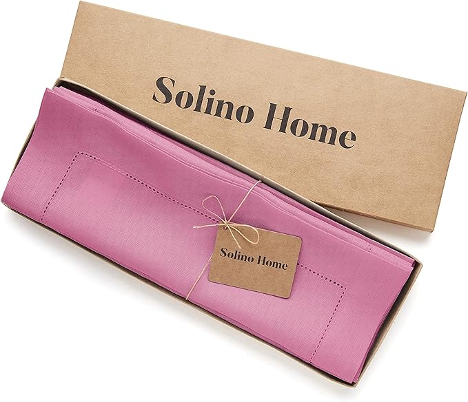 Solino Home Linen Placemats Set of 4 - Classic Hemstitch Flamingo Pink Placemats 14 x 19 Inch - 100% Pure Linen Table Mats