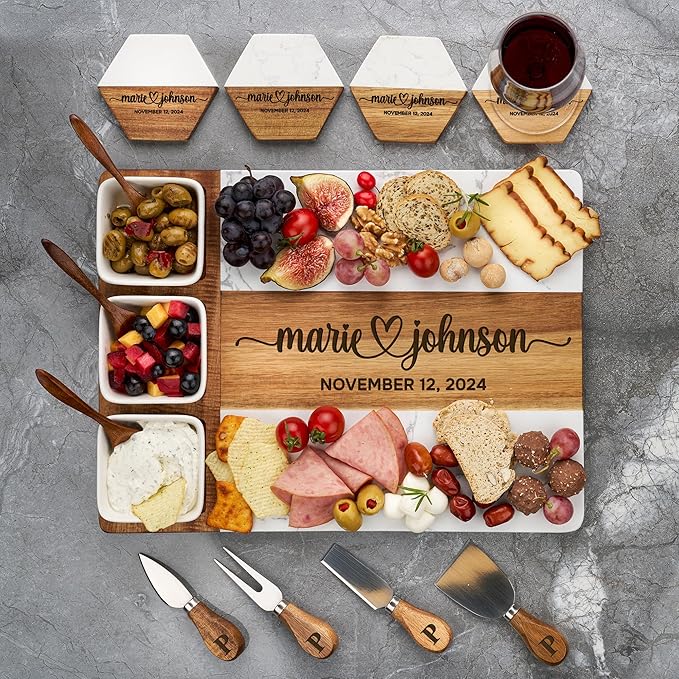 AWESOMETIK Personalized Acacia Wood & Marble Charcuterie Board – Custom Engraved Cheese Board with Knife Set – Perfect Wedding & Housewarming Gift