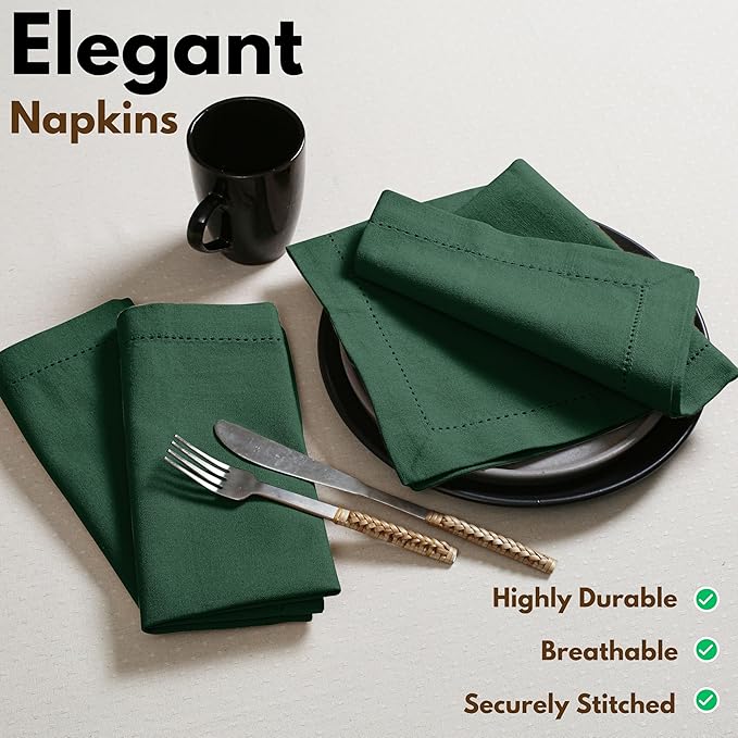 Native Fab Cloth Napkins Set of 4, Hemstitched Edges 100% Cotton, Washable Fabric Napkins, 18x18 inch, Soft, Comfortable, Reusable Table Napkins for Lunch, Parties, Events, Dinner - Forest Green