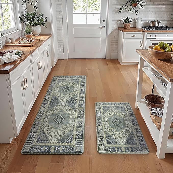 GENIMO Kitchen Mats for Floor 2PCs, Washable Anti Fatigue Mat for Cushioned, 17.3"x59"+17.3"x30", Waterproof Kitchen Rugs, Non Slip Comfort Standing Mat Rug for Home, Sink, Laundry, Blue
