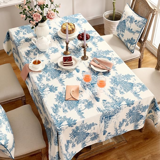 patdrea Designer Cyan Tablecloth for Rectangle Tables,Vintage Linen with Ancient Castle and Manor Pattern Tablecloths,Elegant Table Cover Cloth Decor for Kitchen Dining Christmas,63"*102"