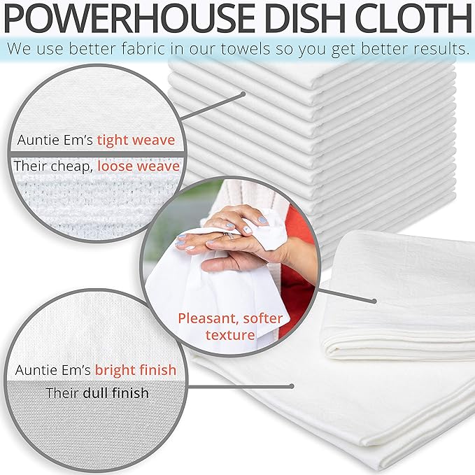 Aunti Em's Kitchen Flour Sack Dish Towels - Natural Cotton for Embroidery and Drying Glass, Hand, Dinnerware - Plain, Thick, Zero-Lint - Highly Absorbent - Set of 13, 27 x 27 Inch, White