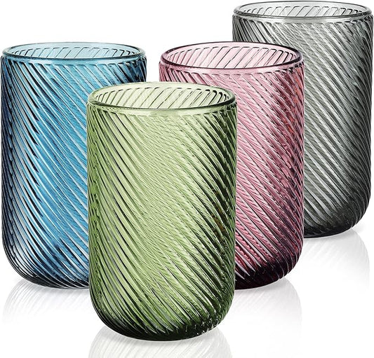 Joeyan Vintage Drinking Glasses,Ribbed Embossed Colored Highball Water Glasses Cups,Colorful Tumbler Glassware for Beverages Cocktail Whisky Beer Juice,14 oz,Set of 4,Dishwasher Safe