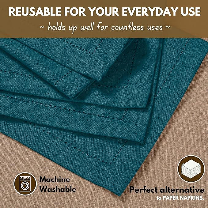 Native Fab Cloth Napkins Set of 4, 100% Cotton, Hemstitch Mitered Edges, Washable Fabric Napkins, 18x18 inch, Soft, Breathable, Reusable Hotel Quality Napkins for Events, Party, Dinner - Teal Green