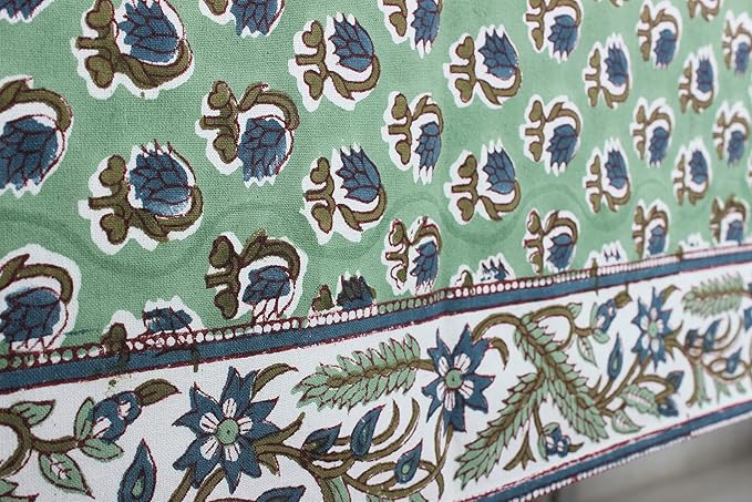 Ridhi Basil Green 70 x 108 Inches Rectangular Cotton Washable Tablecloth, Hand Block Print Floral, for Kitchen, Dining, Spring, Easter, Wedding, Birthday, Bridal
