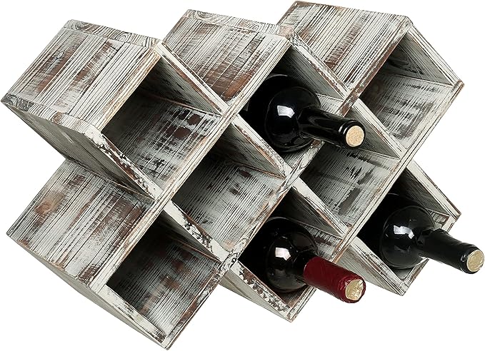 MyGift Rustic Torched Wood Wine Rack – 8-Bottle Countertop Holder, Geometric Freestanding Organizer for Home Bar, Farmhouse Kitchen, Wedding & Party Decor
