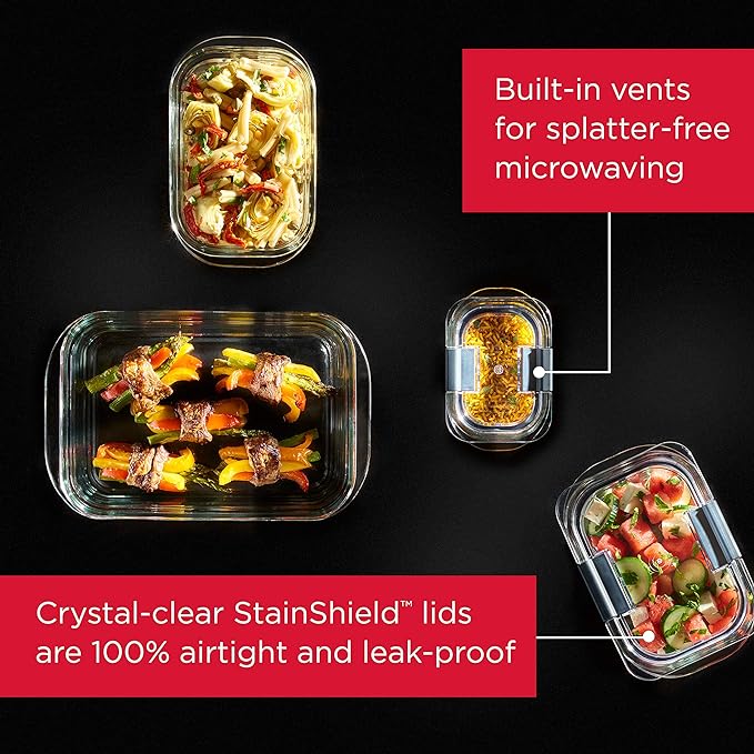 Rubbermaid Brilliance Glass Food Storage set of 4 containers 8 total pieces (4 containers + 4 lids) for Lunch Meal Prep and Leftovers Dishwasher and Oven Safe Clear/Grey