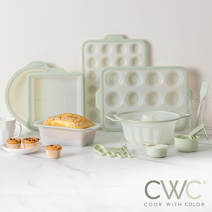 COOK WITH COLOR 17 Pc. Silicone Baking Pan Set - Non-Stick & Easy Clean Silicone Muffin Pans for Baking with Sturdy Metal Frame for Stability, Flexible Cake Molds, Includes Measuring Cups and Spoons