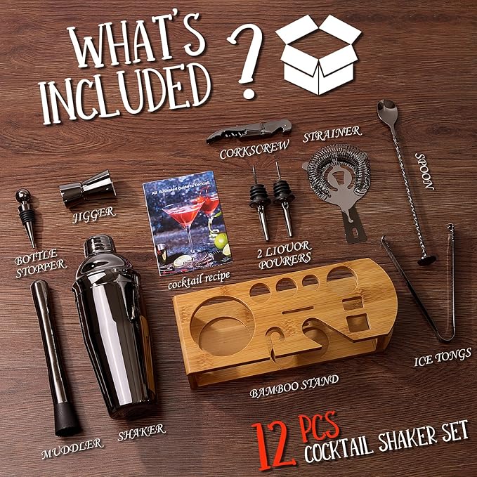 Cocktail Shaker Set Bartender Kit : 12-Piece Bar Tool Set with Bamboo Stand | Bar Set with All Practical Bar Accessories, for Drink Mixing, Bar, Home, Lounge & Party (Titanium Grey)