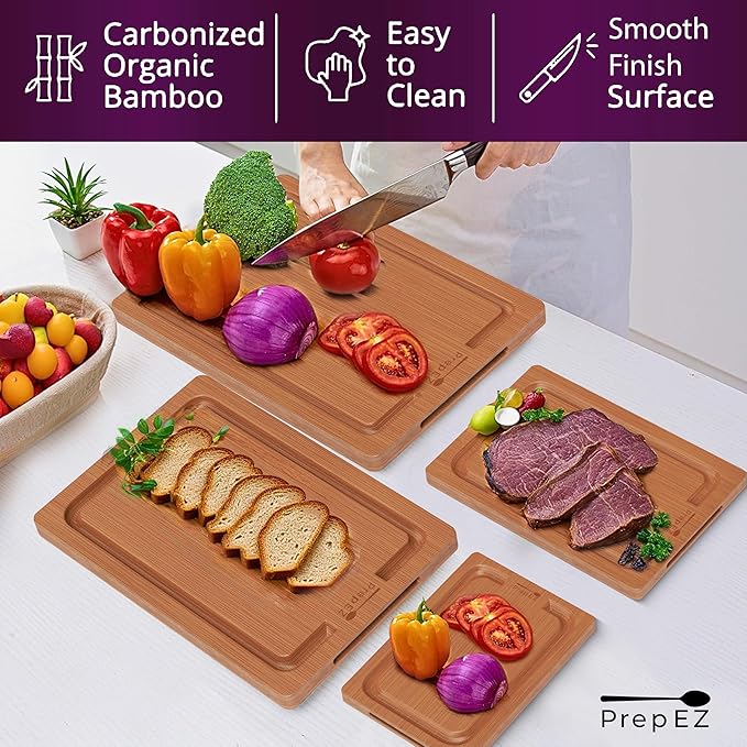 Heavy-Duty Cutting Boards for Kitchen – (Pack of 4) Wood Cutting Board Set – Bamboo Cutting Board Set with Deep Juice Grooves – Ideal for Chopping Meat, Vegetables & Fruits, etc.