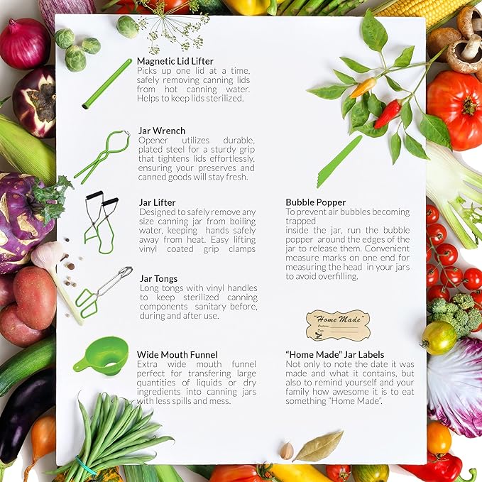 Supa Ant Canning Supplies - USA Assembled & Certified Food Grade Stainless Steel Starter Set Canning Kit for Beginners - Wide Kitchen Funnel, Jar Lifter and Wrench, Bubble Popper/Measurer, Lid Lifter