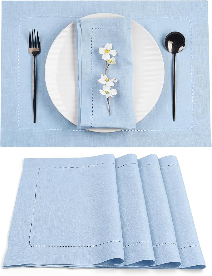 D'Moksha Homes Powder Blue Linen Cloth Placemats Set of 4-100% Pure Linen Hemstitch Placemats 14 x 19 Inch - Classic Hemstitch Table Place Mats for Thanksgiving - Handcrafted and Machine Washable