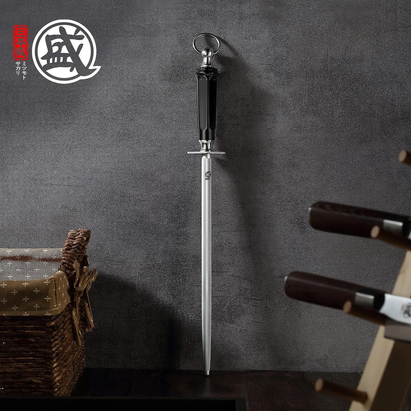 MITSUMOTO SAKARI 10 inch Japanese Honing Steel - Round Diamond Knife Sharpening Rod, Professional High Carbon Sharpener with ABS Handle & Powerful Magnet