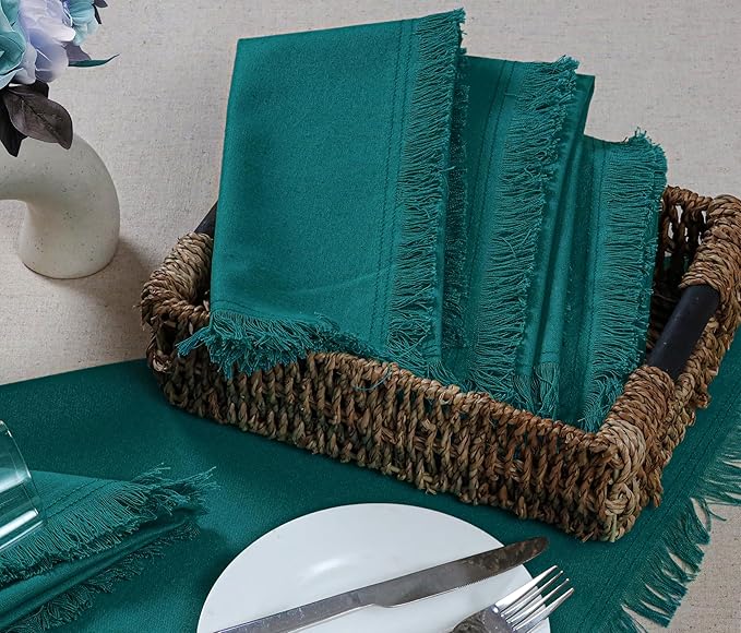 Bedding Craft Cotton Cloth Dinner Napkins Set of 12 – 18x18 Teal with Frayed Selvedge Edges – Machine Washable Reusable Fabric Napkins for Weddings, Baby Showers, Parties & Table Décor