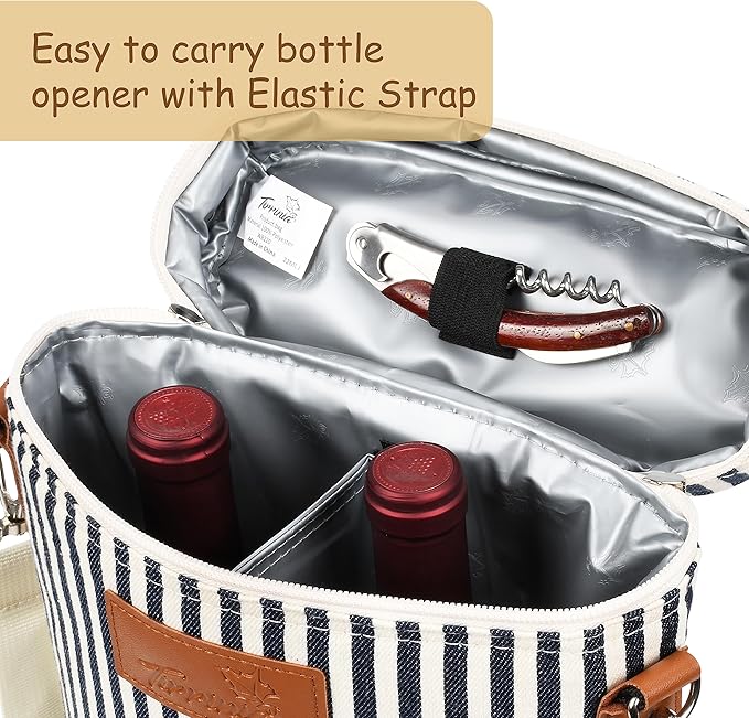 Tirrinia 2 Bottle Insulated Wine Tote Carrier - Leakproof, Padded Cooler Bag for Travel, BYOB, Tasting, Parties - Great Gift for Wine Lovers, Striped