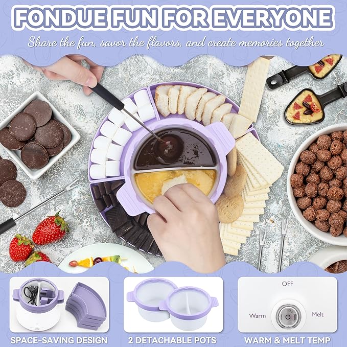 Electric Fondue Pot Set with 2 Pots, Melting Chocolate Warmer for Dipping, Candy & Chocolate Melting Pot, Fondue Pot Electric Set, Fondue Forks Included, 2.5 Cups, Lavender