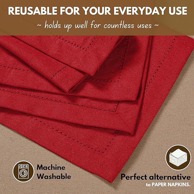 Native Fab Red Cloth Napkins 100% Cotton, Set of 12, 18"x18", Hemstitched Mitered Corners, Soft, Absorbent, Reusable Table Napkins for Wedding, Events, Lunch, Dinner, Parties - Red