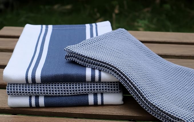 AMOUR INFINI Cotton Kitchen Towels - Set of 4 Highly Absorbent, Ultra Soft Waffle Weave Tea Towel with Hanging Loop - 20x28 Inch Quick Drying Dish Cloths for Cleaning (Blue)