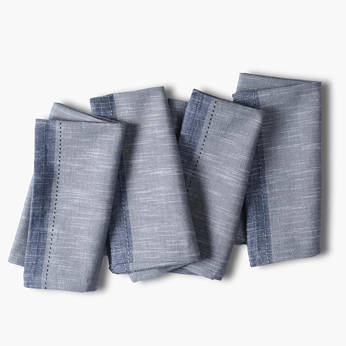 Ramanta Home Cloth Napkins Set of 4 Textured Cotton 18x18 - Premium Contrast Border Fall Thanksgiving Dinner Napkins for Christmas Farmhouse Wedding, Soft Washable Table Linen for Everyday Use - Grey