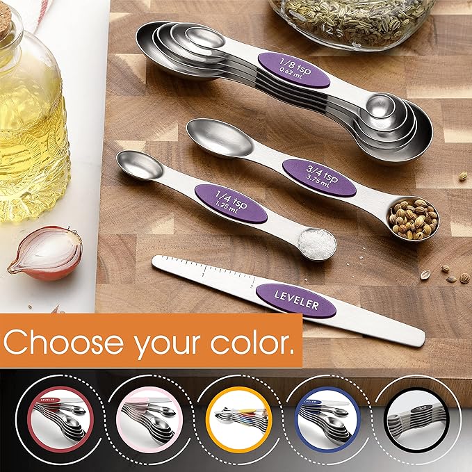 Spring Chef Purple Stainless Steel Magnetic Measuring Spoons Set of 8 with Leveler, Dual Sided Metal Teaspoon & Tablespoon Measuring Spoons, Kitchen Gadgets for Baking & Cooking, Fits in Spice Jars