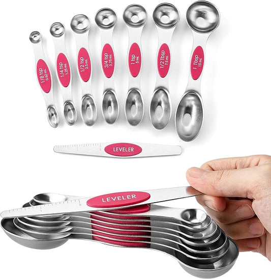 Spring Chef Magnetic Measuring Spoons Set, Dual Sided, Stainless Steel, Fits in Spice Jars, Pink, Set of 8, 2 Pack