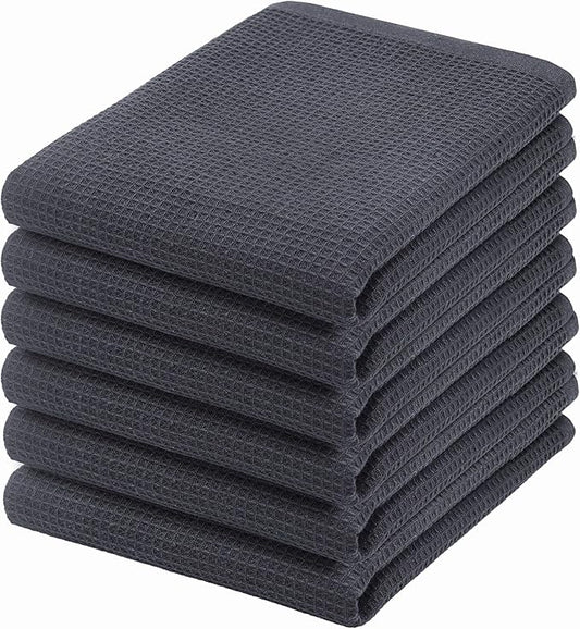 PurpleEssences Waffle Weave Kitchen Towel, 100% Cotton 15x25 Inches, with Hanging Loop Soft Absorbent Quick Drying Dish Cloth, Tea and Hand Towels, 6 Pack - Christmas Holiday Winter - Dark Grey