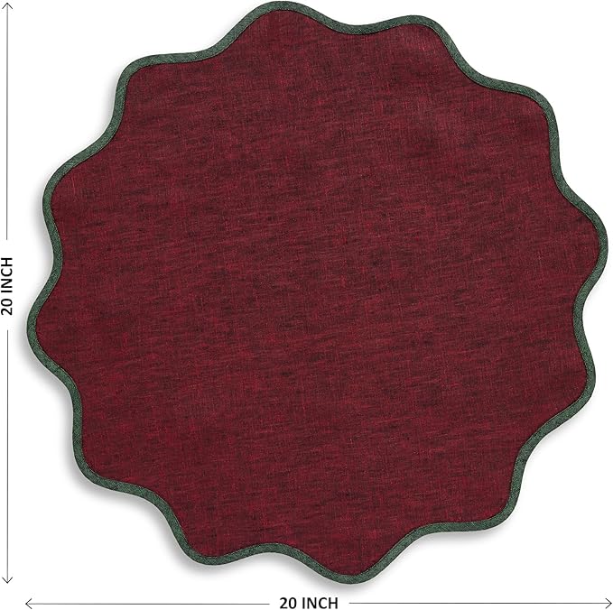 Solino Home Linen Scallop Cloth Napkins Set of 4-100% Pure Linen Forest Green and Red Garnet Dinner Napkins 20 Inch for Fall, Thanksgiving - Giselle Scallop Edge, Handcrafted and Machine Washable